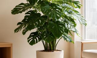 Monstera deliciosa in vaso chiaro, fotografata in un luminoso soggiorno urbano