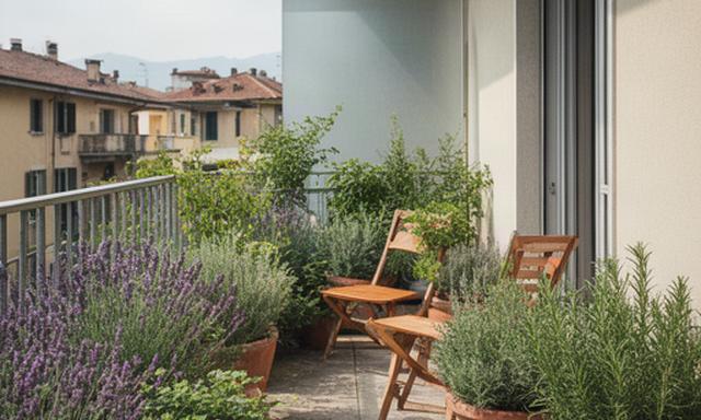 Balcone urbano di Cossato con piante aromatiche, vasi in terracotta e arredi in legno